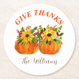 Watercolor Sunflowers Thanksgiving Pumpkins Fall Round Paper Coaster
