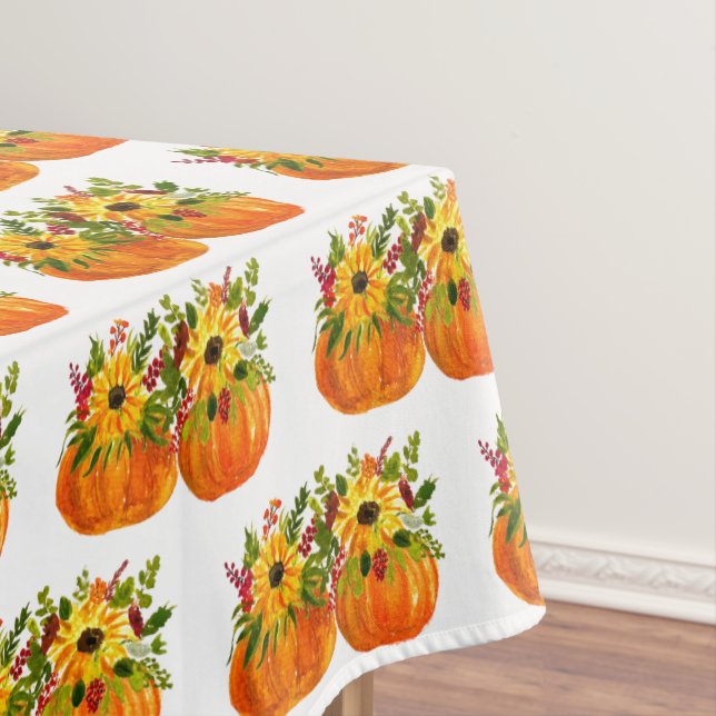 Watercolor Sunflowers Thanksgiving Pumpkins Fall  Tablecloth (In Situ)
