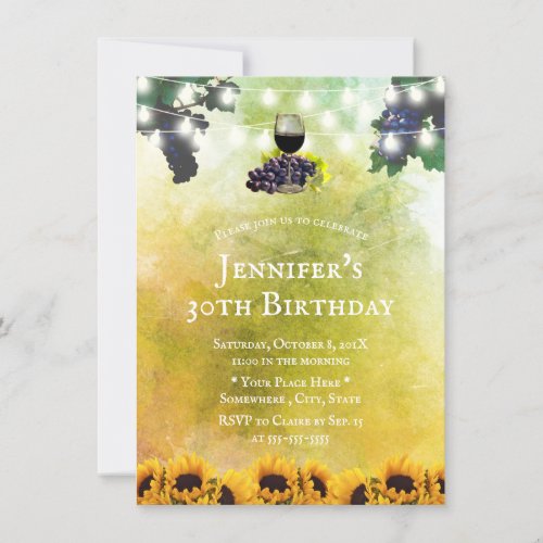 Watercolor Sunflowers Vineyard Wine 30th Birthday Invitation