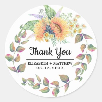 Watercolor Sunflowers  Wedding Favor  Classic Round Sticker by YourWeddingDay at Zazzle
