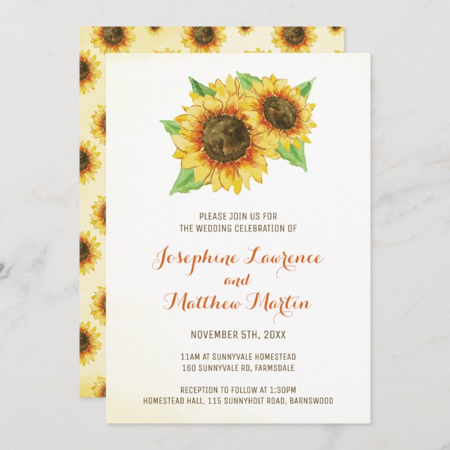 Watercolor Sunflowers Wedding Invitations (Front/Back)