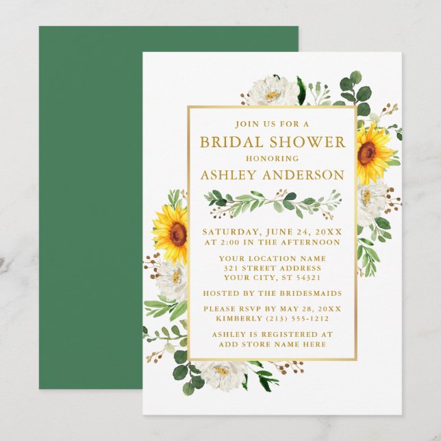 Watercolor Sunflowers White Floral Bridal Shower Invitation (Front/Back)