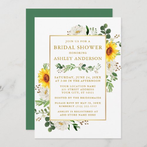 Watercolor Sunflowers White Floral Bridal Shower Invitation