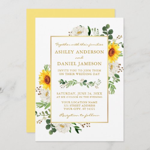 Watercolor Sunflowers White Floral Gold Wedding Invitation