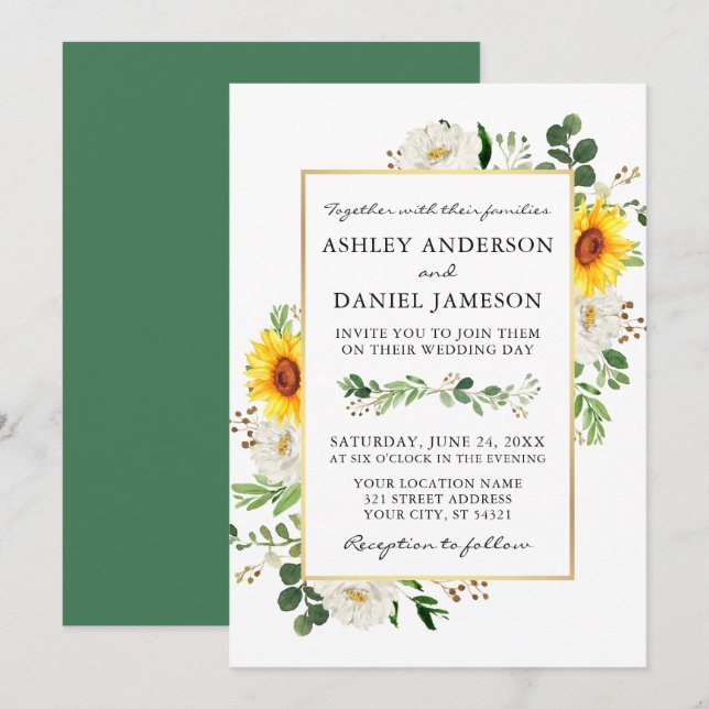 Watercolor Sunflowers White Floral Gold Wedding Invitation (Front/Back)