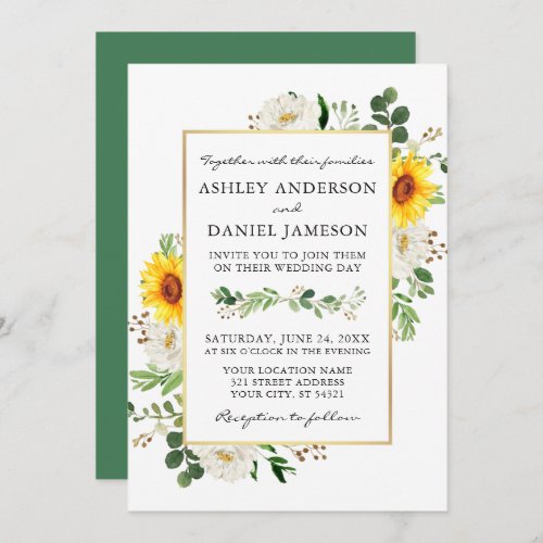 Watercolor Sunflowers White Floral Gold Wedding Invitation