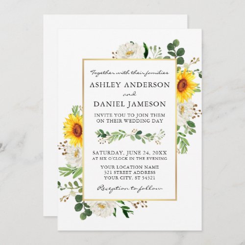 Watercolor Sunflowers White Floral Photo Wedding Invitation