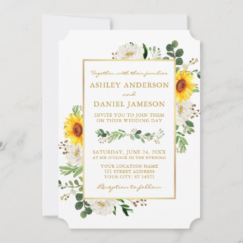 Watercolor Sunflowers White Floral Wedding Gold Invitation