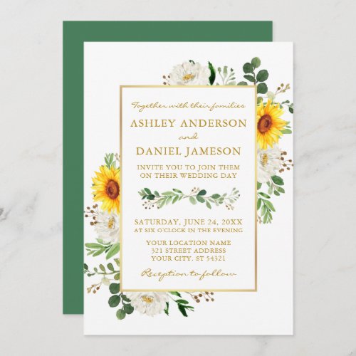 Watercolor Sunflowers White Floral Wedding Gold Invitation