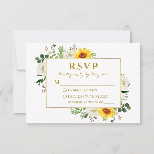 Watercolor Sunflowers White Floral Wedding Gold RSVP Card