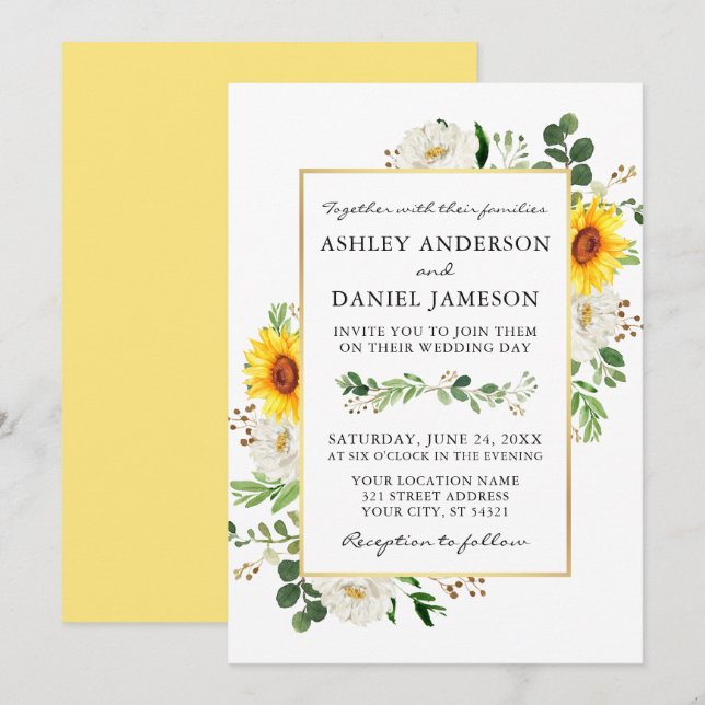 Watercolor Sunflowers White Floral Wedding Invitation (Front/Back)