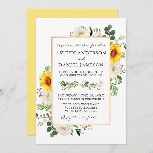 Watercolor Sunflowers White Floral Wedding Invitation