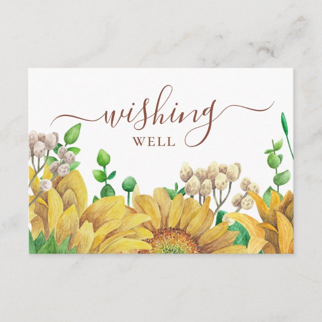 Watercolor sunflowers wishing well. Rustic wedding Enclosure Card (Front)