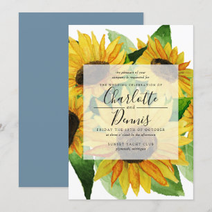 Watercolor sunflowers with blush blue wedding invitation