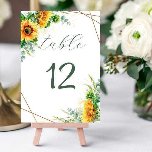 Watercolor Sunflowers with Faux Gold Foil Frame Table Number