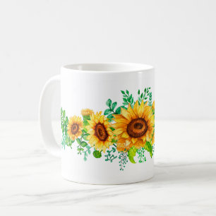 Watercolor Sunflowers With Lush Green Leaves Coffee Mug