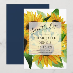 Watercolor sunflowers with navy blue save the date invitation
