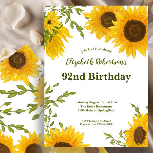 Watercolor Sunflowers Women's 92nd Birthday Invitation