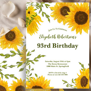 Watercolor Sunflowers Women's 93rd Birthday  Invitation
