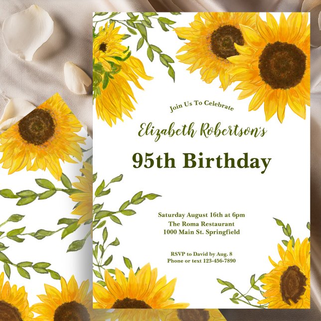Watercolor Sunflowers Women's 95th Birthday  Invitation (Creator Uploaded)