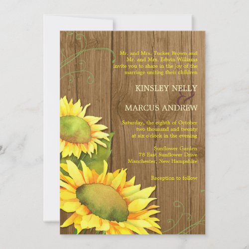 Watercolor Sunflowers  Wood Grain Wedding Invitation