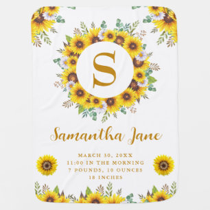 Watercolor Sunflowers Wreath Baby Newborn Stats Blanket