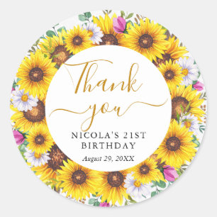 Watercolor Sunflowers Wreath Birthday Classic Round Sticker