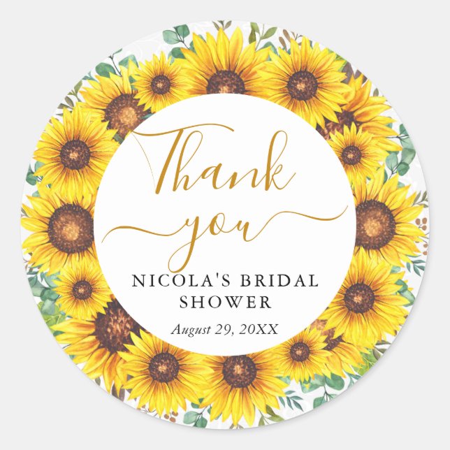Watercolor Sunflowers Wreath Bridal Shower Classic Round Sticker (Front)
