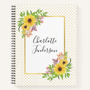 Watercolor sunflowers, yellow and white polka dots notebook