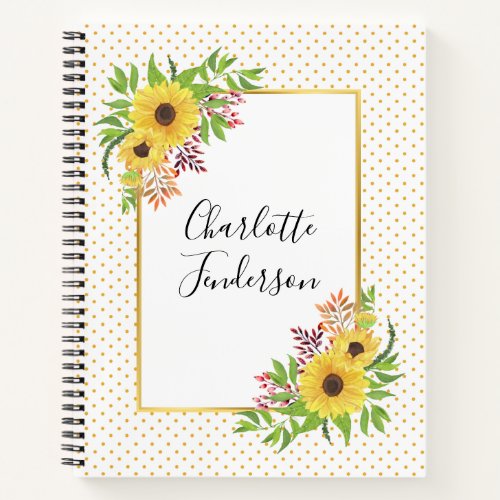 Watercolor sunflowers yellow and white polka dots notebook