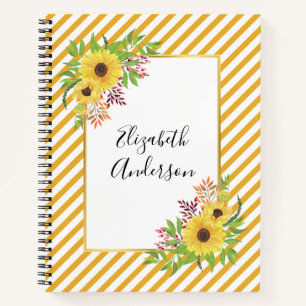 Watercolor sunflowers, yellow and white stripes notebook