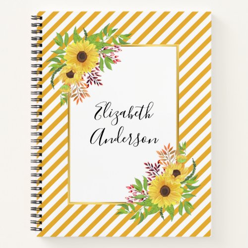 Watercolor sunflowers yellow and white stripes notebook