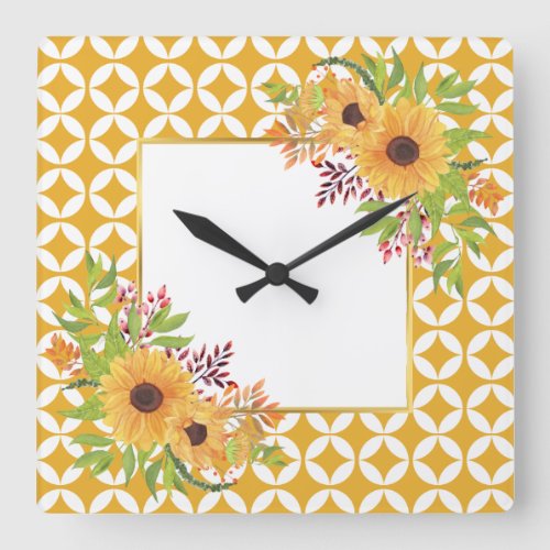 Watercolor sunflowers yellow geometric pattern  square wall clock