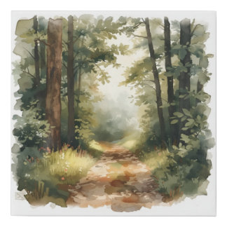 Watercolor Sunlit Forest Path Painting Faux Canvas Print