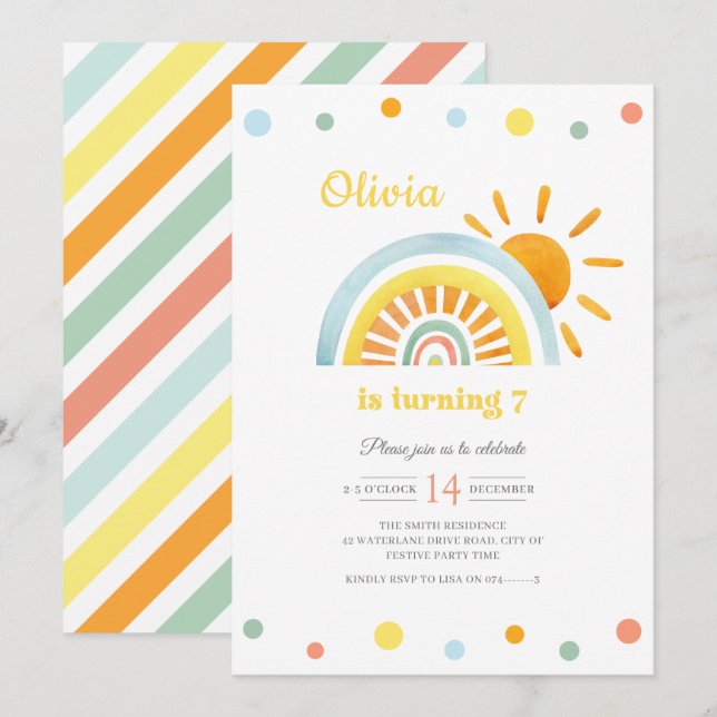 Watercolor Sunny Boho Rainbow Kids Birthday Invitation (Front/Back)