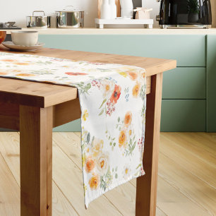 Watercolor Sunny Flowers Floral Pattern Short Table Runner