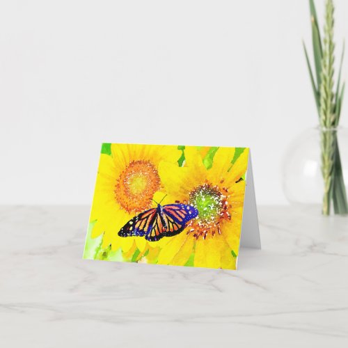 Watercolor Sunny Sunflowers and Monarch Butterfly Thank You Card