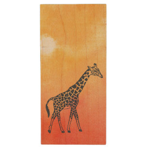 Watercolor Sunrise Giraffe Wood Flash Drive