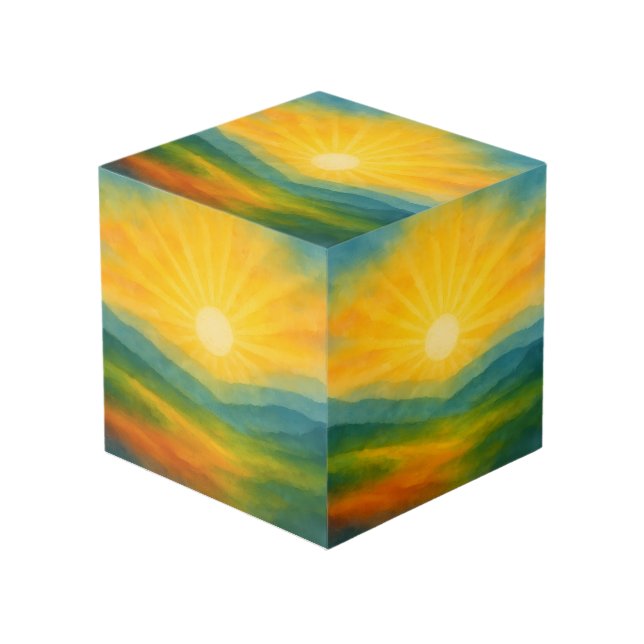 Watercolor Sunrise Landscape Painting Cube (Front Angled)