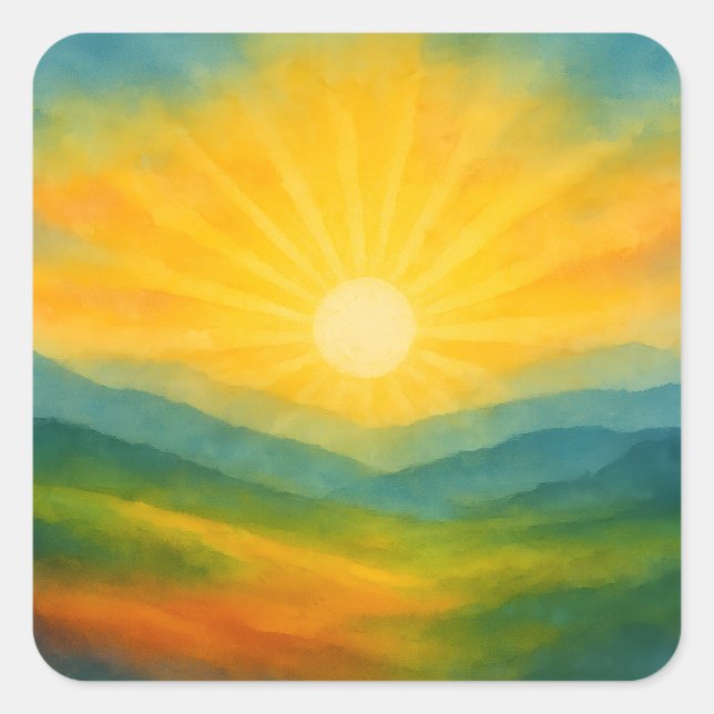 Watercolor Sunrise Landscape Painting Square Sticker (Front)