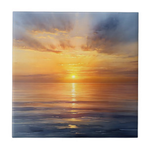 Watercolor Sunrise Over Calm Sea Ceramic Tile