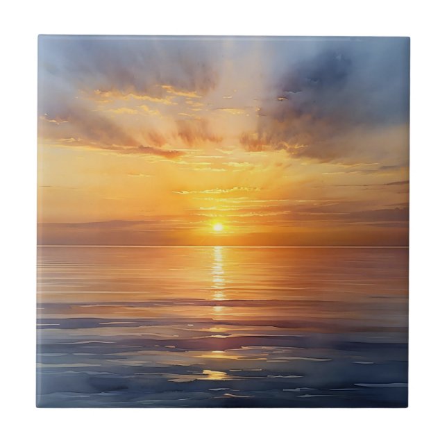 Watercolor Sunrise Over Calm Sea Ceramic Tile (Front)