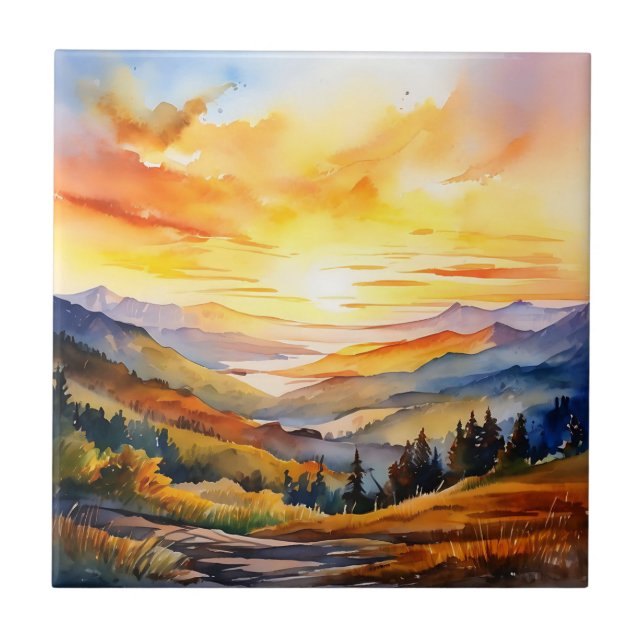 Watercolor Sunrise Over Mountain Range Ceramic Tile (Front)