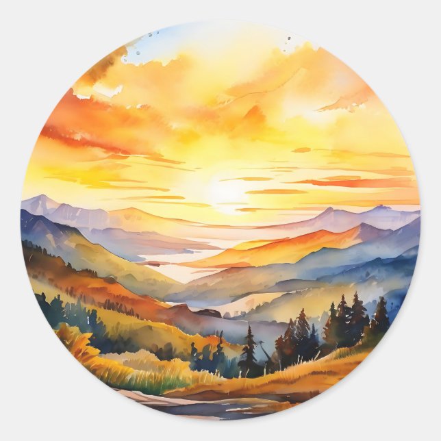 Watercolor Sunrise Over Mountain Range Classic Round Sticker (Front)
