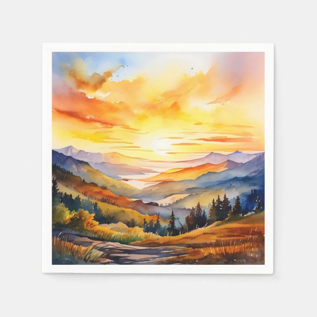 Watercolor Sunrise Over Mountain Range Napkins (Front)