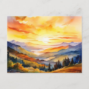 Watercolor Sunrise Over Mountain Range Postcard