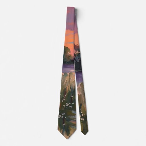 Watercolor Sunrise over the pond  Neck Tie