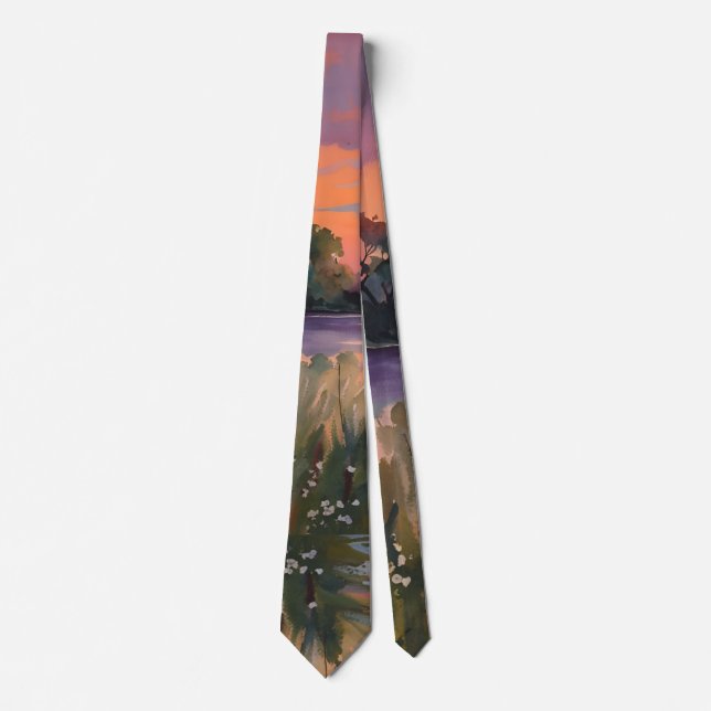 Watercolor Sunrise over the pond  Neck Tie (Front)