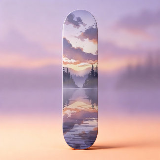 Watercolor Sunrise - Serene Misty Mountain Lake Skateboard