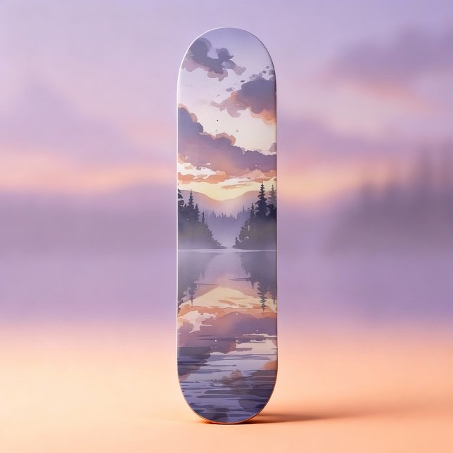 Watercolor Sunrise - Serene Misty Mountain Lake Skateboard (Creator Uploaded)